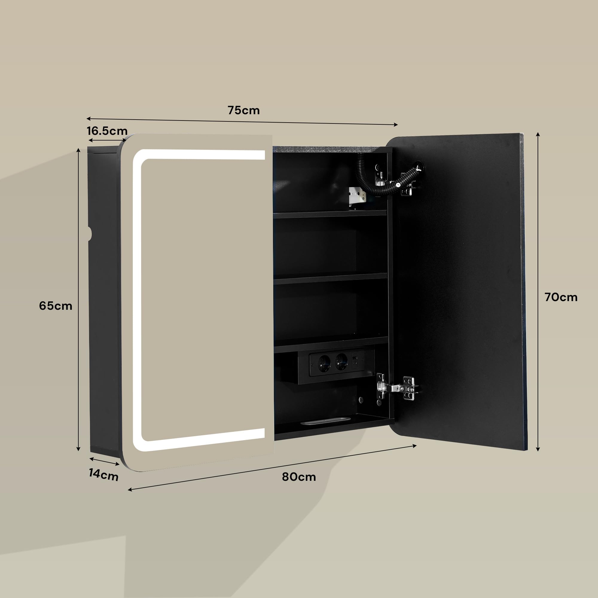CLIPOP Spiegelschrank Bad mit Beleuchtung,Badezimmer spiegelschrank mit Spiegel und Steckdose, Entfogging-Funktion, badezimmerschrank mit 2 Türen, 80cm Breite,Öffnung für Taschentuchboxen,Schwarz