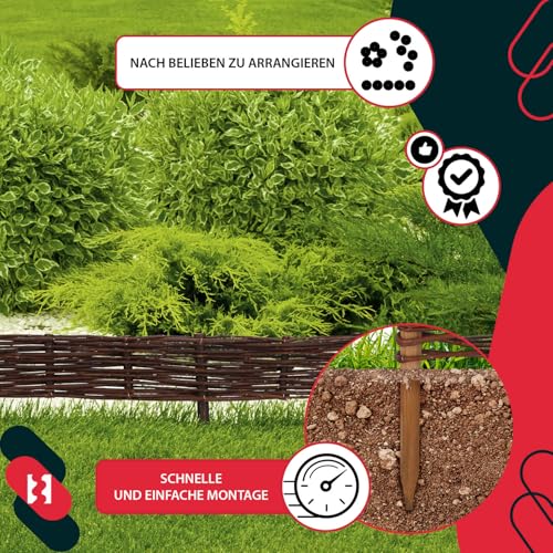 KOTARBAU® 5er Set Beeteinfassung - 100 x 10 cm - Weidezaun - Beetumrandung aus Weide - Beet Zaun - Mini Steckzaun - Abgrenzung für Blumen- & Kräuterbeet - Garten Deko - Weide - Braun