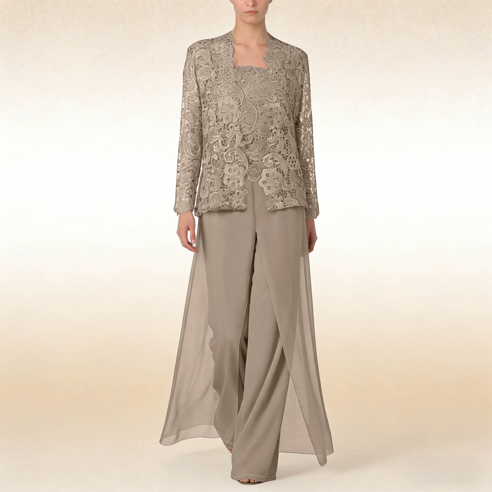 3 pezzi in chiffon per la madre della sposa con giacca, applicazione in pizzo, abito formale, da cocktail, da sera con pizzo, cardigan, pantaloni per il tempo libero