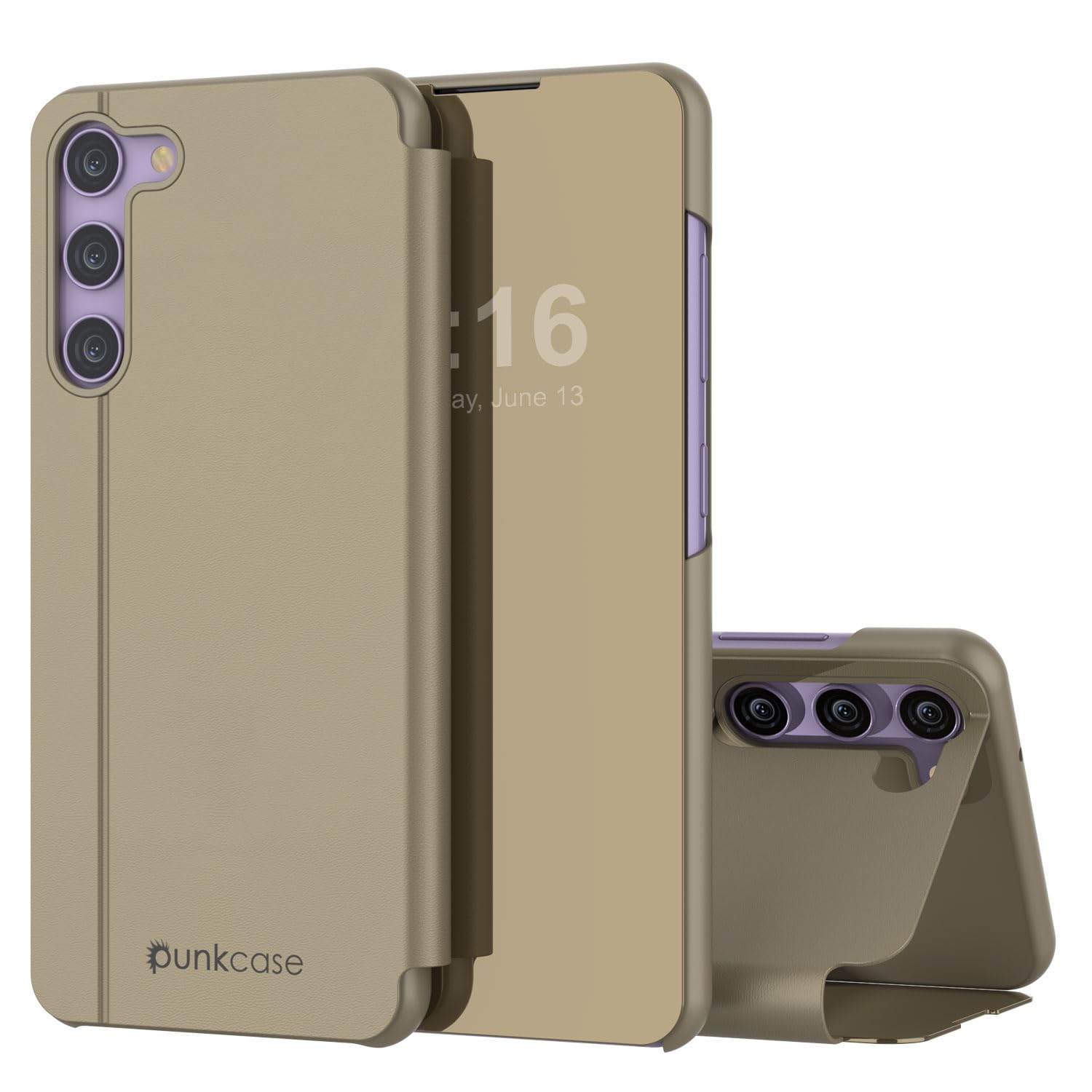 Punkcase S23 Plus Reflector Case Protective Flip Cover W/Scratch Resistant Translucent Mirror Front &amp; Non-Slip PU Leather Back Integrated Kickstand For Galaxy S23 Plus 5G (6.6") (2023) (Gold