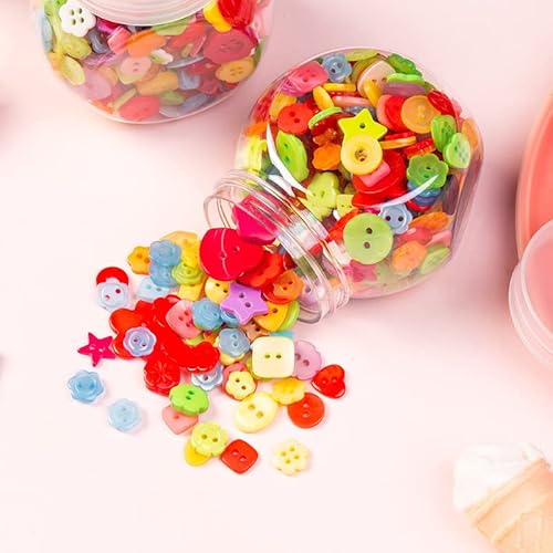 Akoak 1 Bottle (Approx. 400Pcs) Handmade Candy-Colored Children's Clothing Buttons, Square/Heart-Shaped/Flower-Shaped, A Variety Of Shapes And Colors Are Shipped Randomly #TOP3