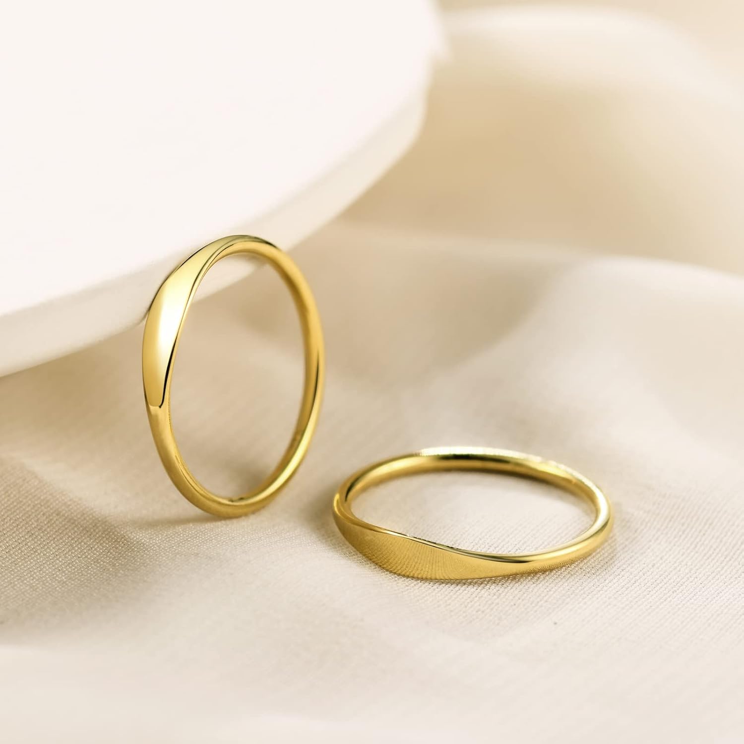 NOKMIT 1.5mm 14K Gold Filled Slim Signet Rings Thin Croissant Pinky Ring for Women Girls Dainty Gold Twisted Stacking Statement Flat Ribbed Plain Band Comfort Fit Size 4 to 10 - Image 6