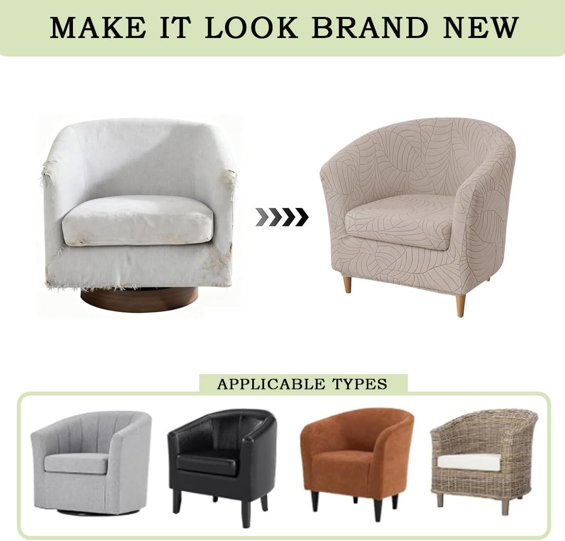 Club Chair Slipcover with Seat Cushion Jacquard Tub Chair Cover Round Barrel Chair Covers Stretchable Couch Furniture Protector Armchair Cover for Living Room Set of 1 Khaki
