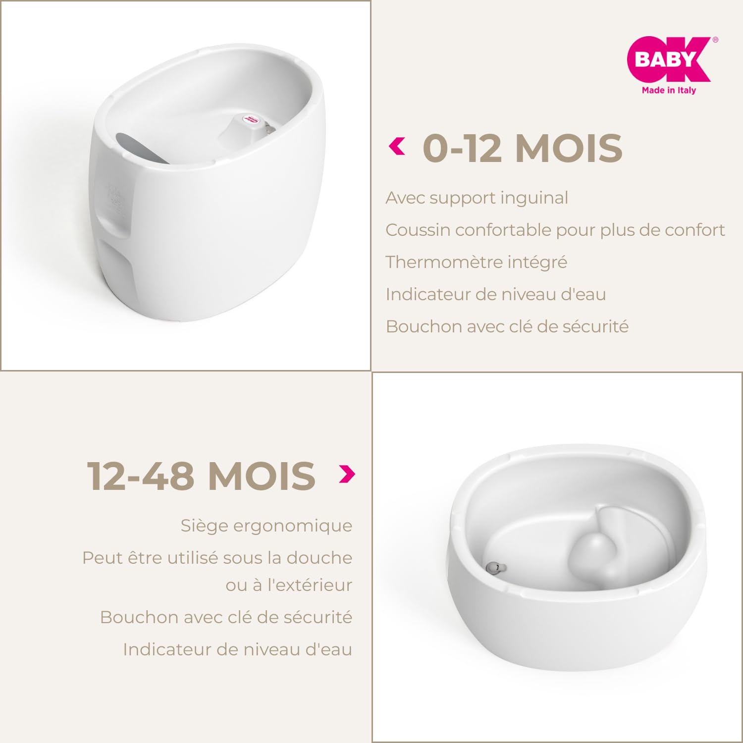 OKBABY Unica - Baignoire 0-4 ans à double usage, thermomètre intégré et support ergonomique - Baignoire et mini-piscine pour enfants - Blanc