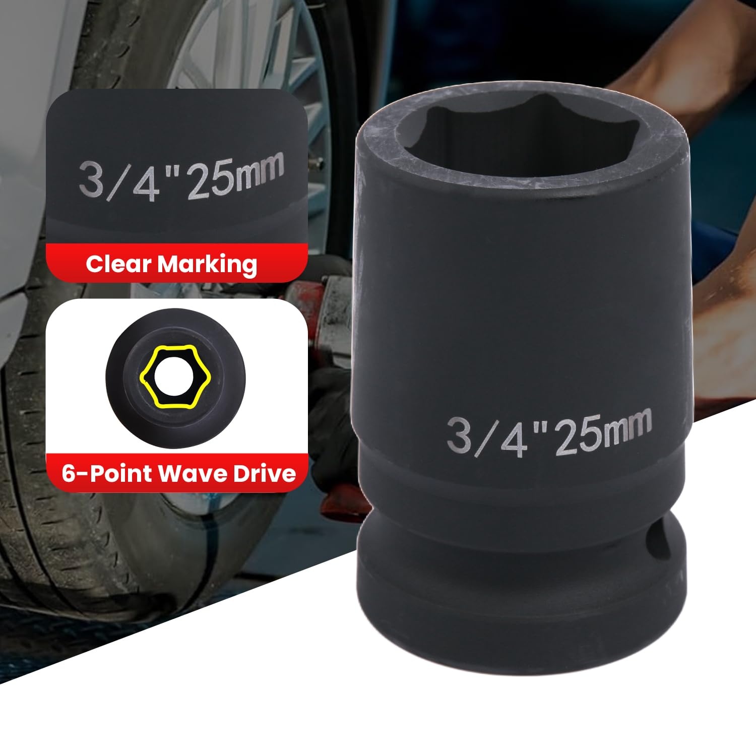 Deep 6-Point Impact Socket 3/4" Drive 25mm,Chrome Molybdenum Steel, Anti-Rust Metric Hex Socket for Car Repairs and Impact Wrench - Image 3