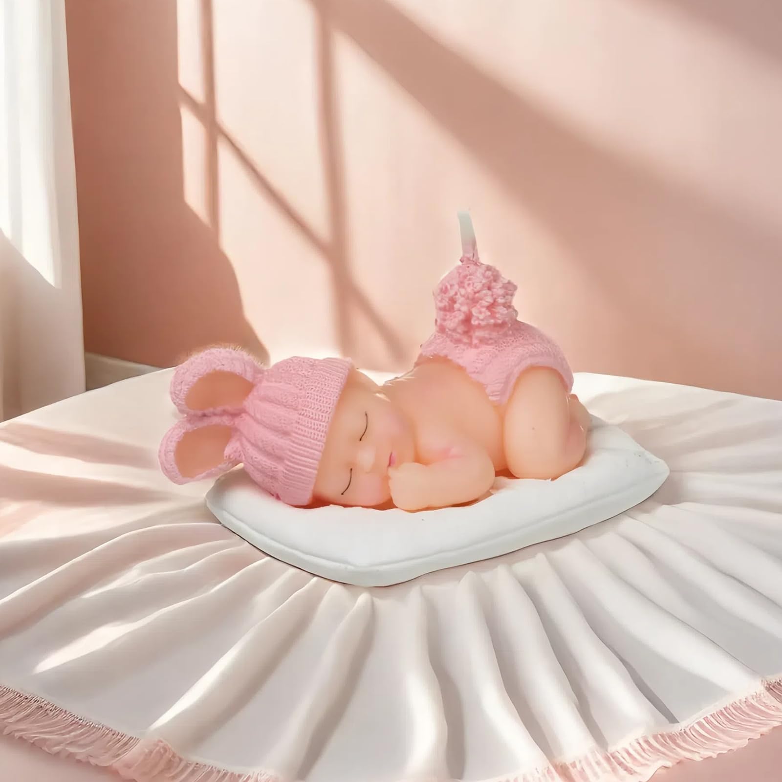 Vela de cumpleaños rosa, vela de decoración de pastel de bebé durmiendo para fiesta, baby shower, adorno de lugar de boda, celebraciones de festivales
