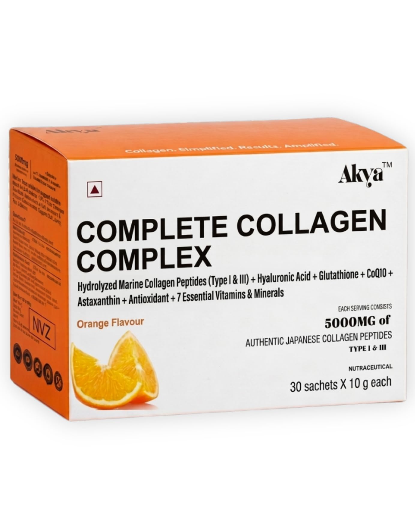 AKYA Complete Collagen for Glowing Skin | 5000mg Japanese Hydrolyzed Marine Collagen with Glutathione, Astaxanthin, CoQ10 & Hyaluronic Acid | Anti-Aging Supplement | Sugar-Free Orange, 30 Sachets