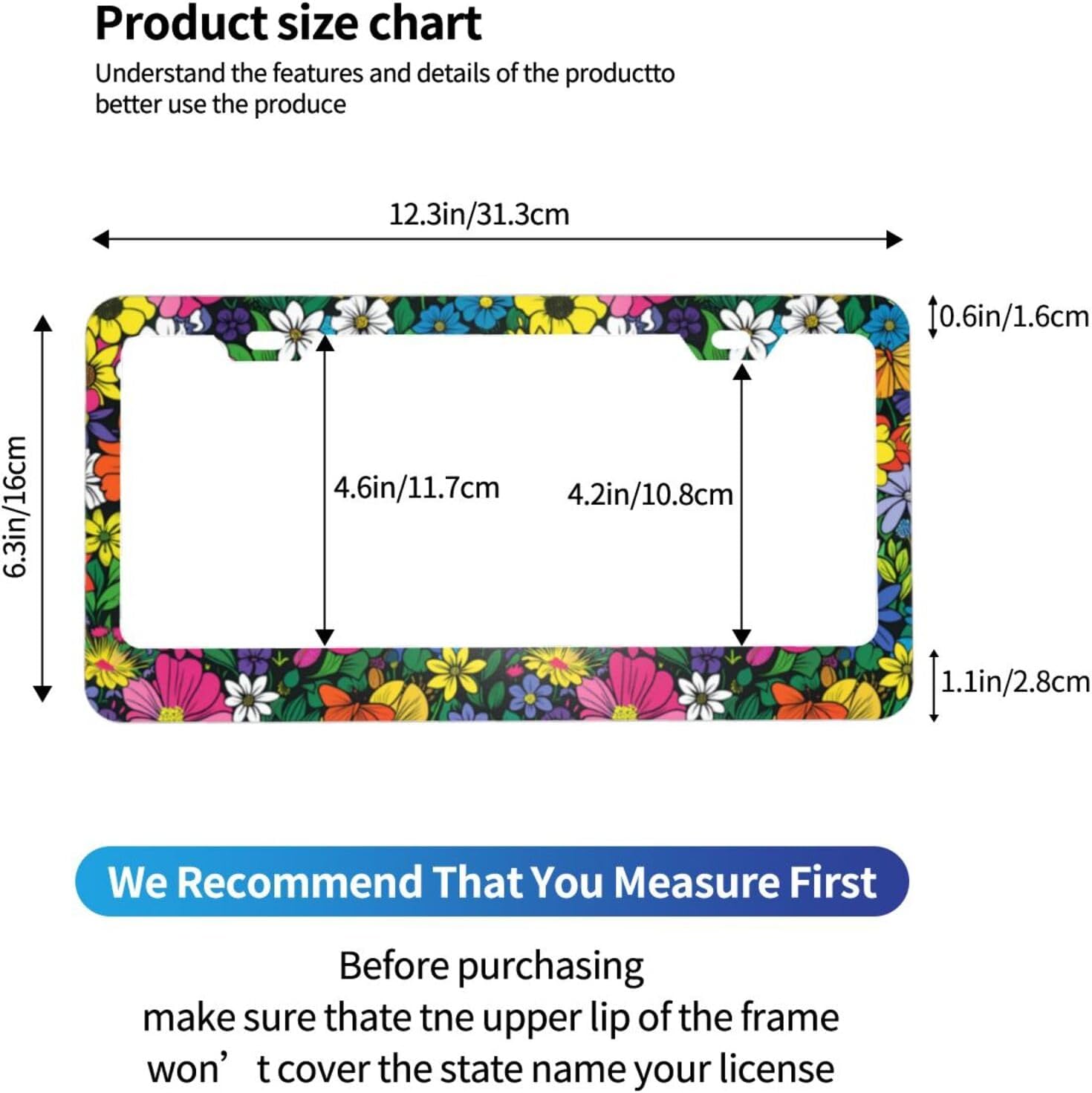 Colorful Flowers and Plants Matte Aluminum License Plate Frame with Black Screw Caps，2pcs 2 Holes Black Licenses Plates Frames,Car Licenses Plate Covers Holders for Us Vehicles/Women/Men