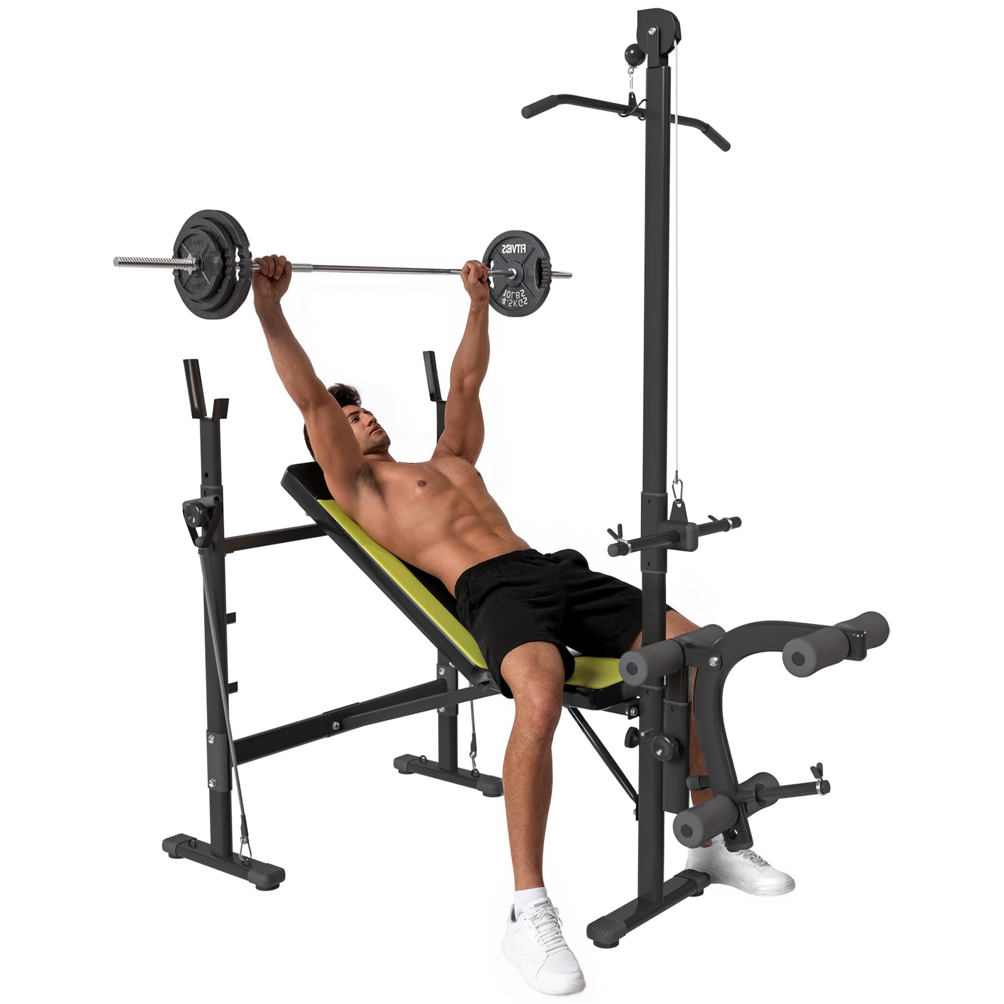 HOMCOM Banc de musculation Fitness entrainement complet dossier réglable cordes traction curler supports barre et haltères noir et jaune