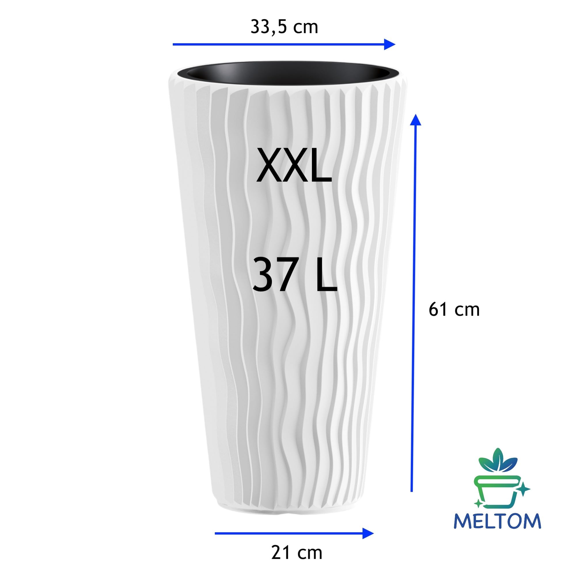 MELTOM Vaso da fiori con effetto ondulato verticale, inserto rimovibile, in plastica, per interni ed esterni protetti (bianco, XXL)