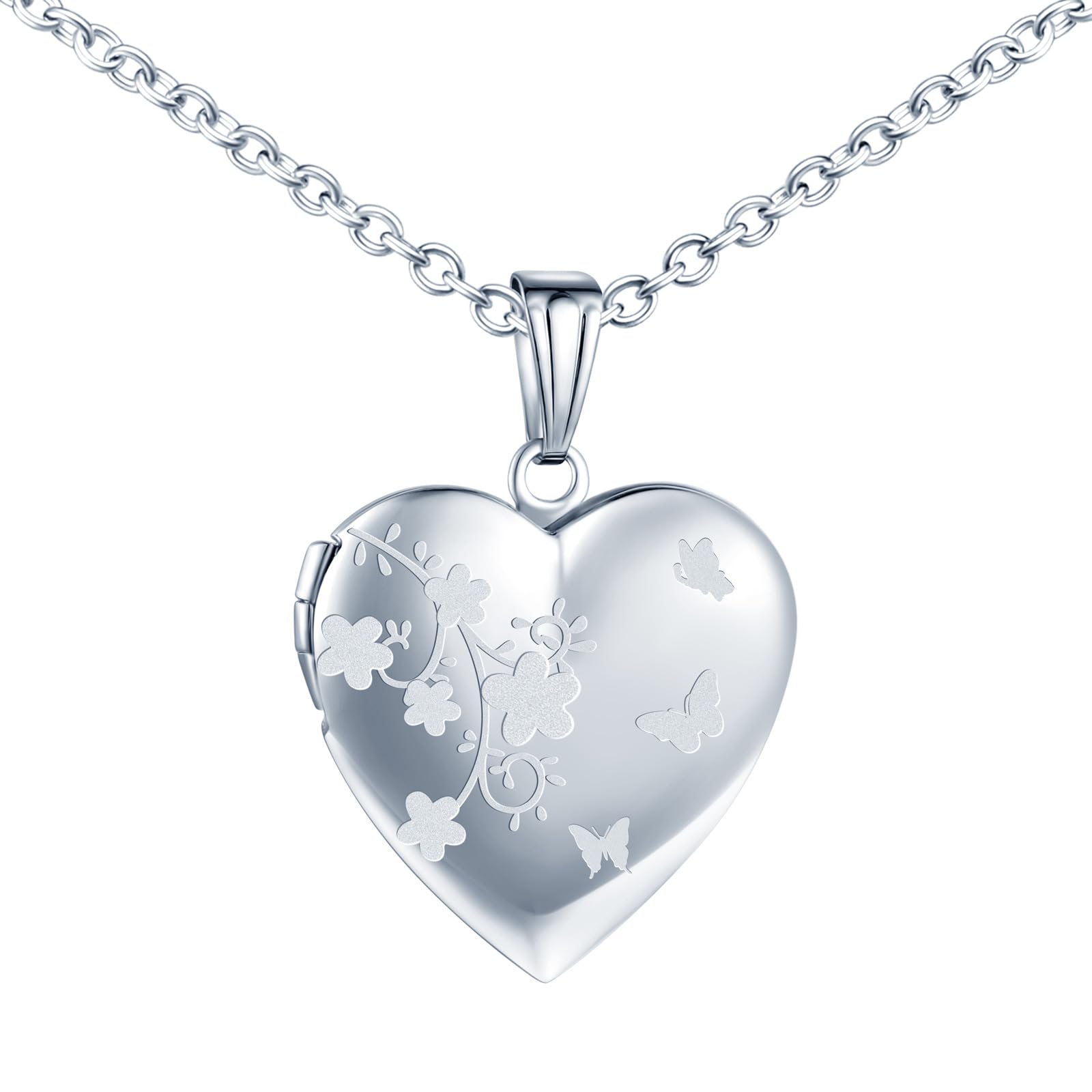 MICMIFColgante Medallón de Corazón con Flores y Mariposas, Collar Foto Personalizado para Mujer, Acero inoxidable Collar Relicarios para 2 Fotos Joyería con Cadena 50cm