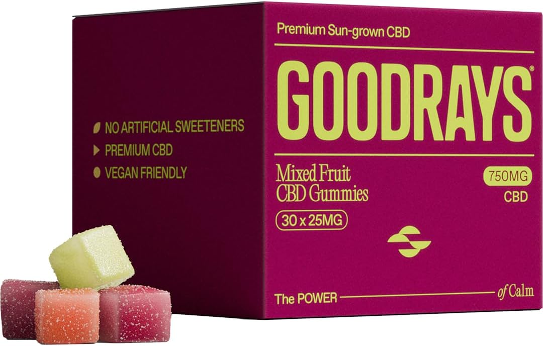 GOODRAYS CBD Gummies, High Strength, Natural Sleep Stress and Anxiety Relief, Vegan, Mixed Pack, 30 x 25mg Gummies, Packaging May Vary