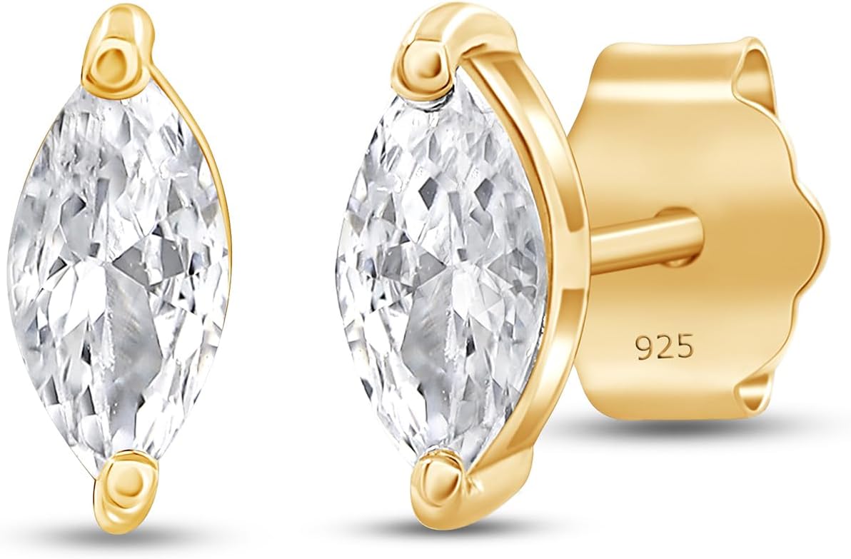 Stud Earrings For Women Marquise Cut White Moissanite 1/4 Cttw OR White Cubic Zirconia In 14k Gold Plated Sterling Silver Jewelry With Push Back