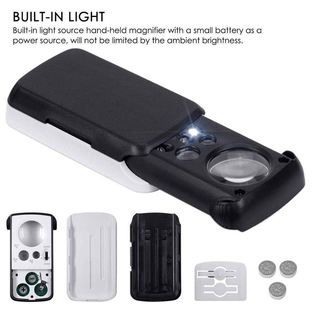 Taschenlupe mit LED-Licht, 30-fach-, 60-fach-, 90-fache Vergrößerung, multifunktionale Juwelierlupe für Hobby und Inspektion