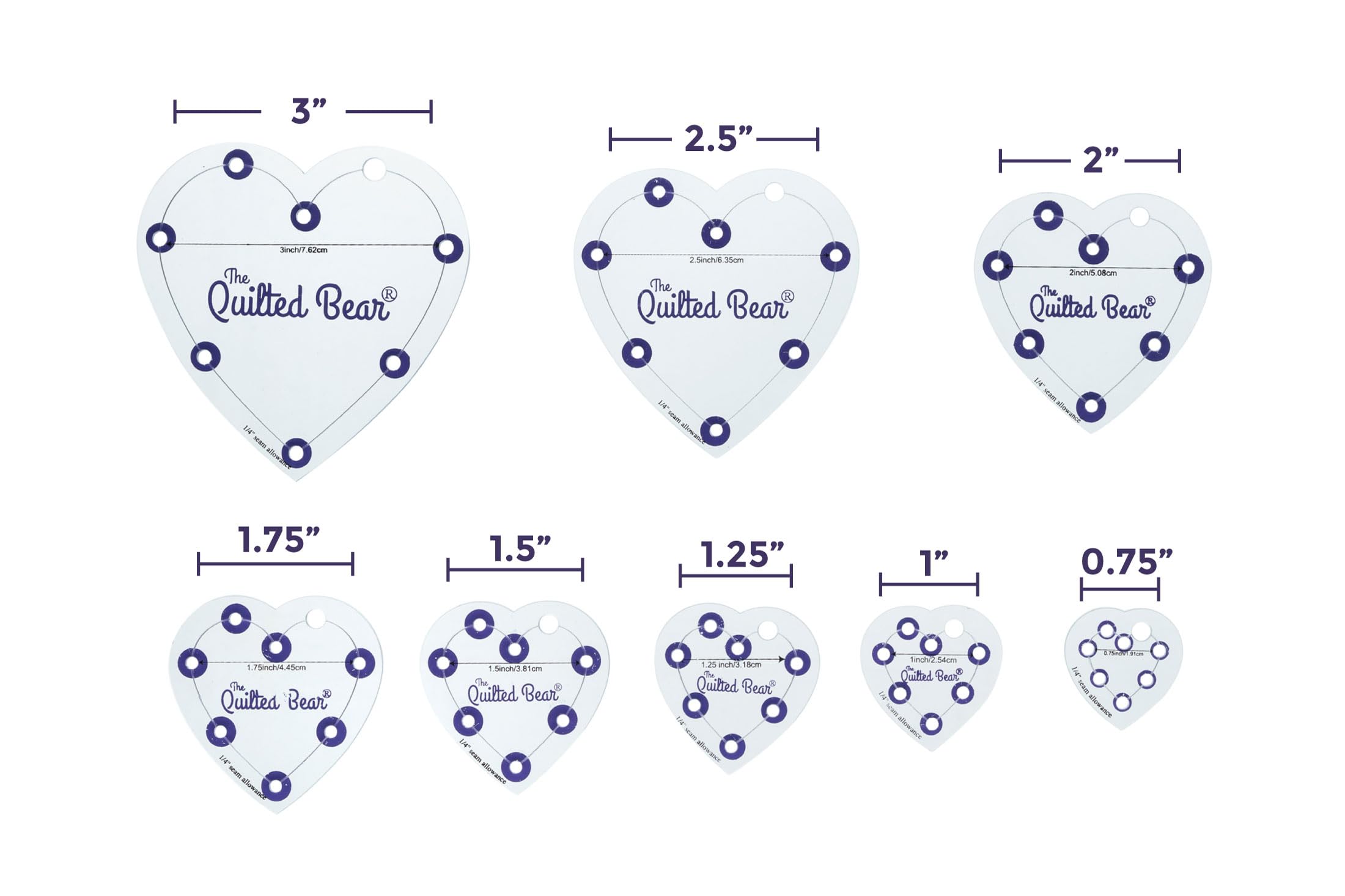 The Quilted Bear Heart Quilting Templates, Set of 8 Non-Slip Clear Acrylic Patchwork Quilt Templates - Image 2