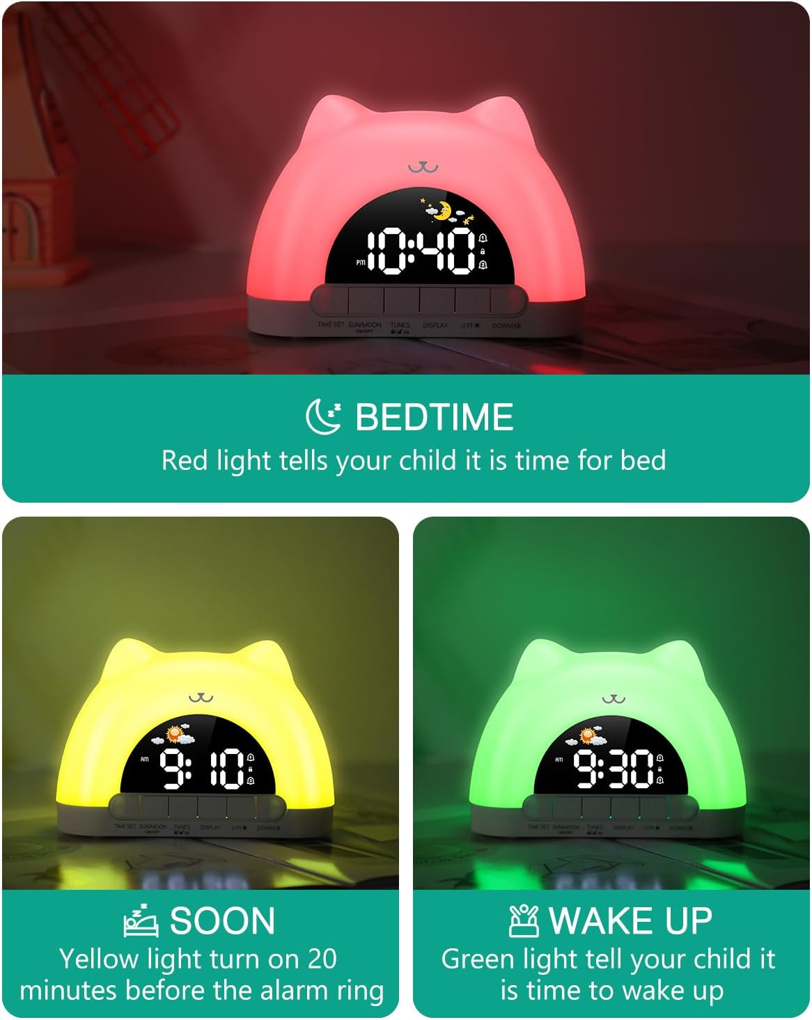 ORIA Kids Alarm Clock showing red light for bedtime, yellow for soon, and green for wake up