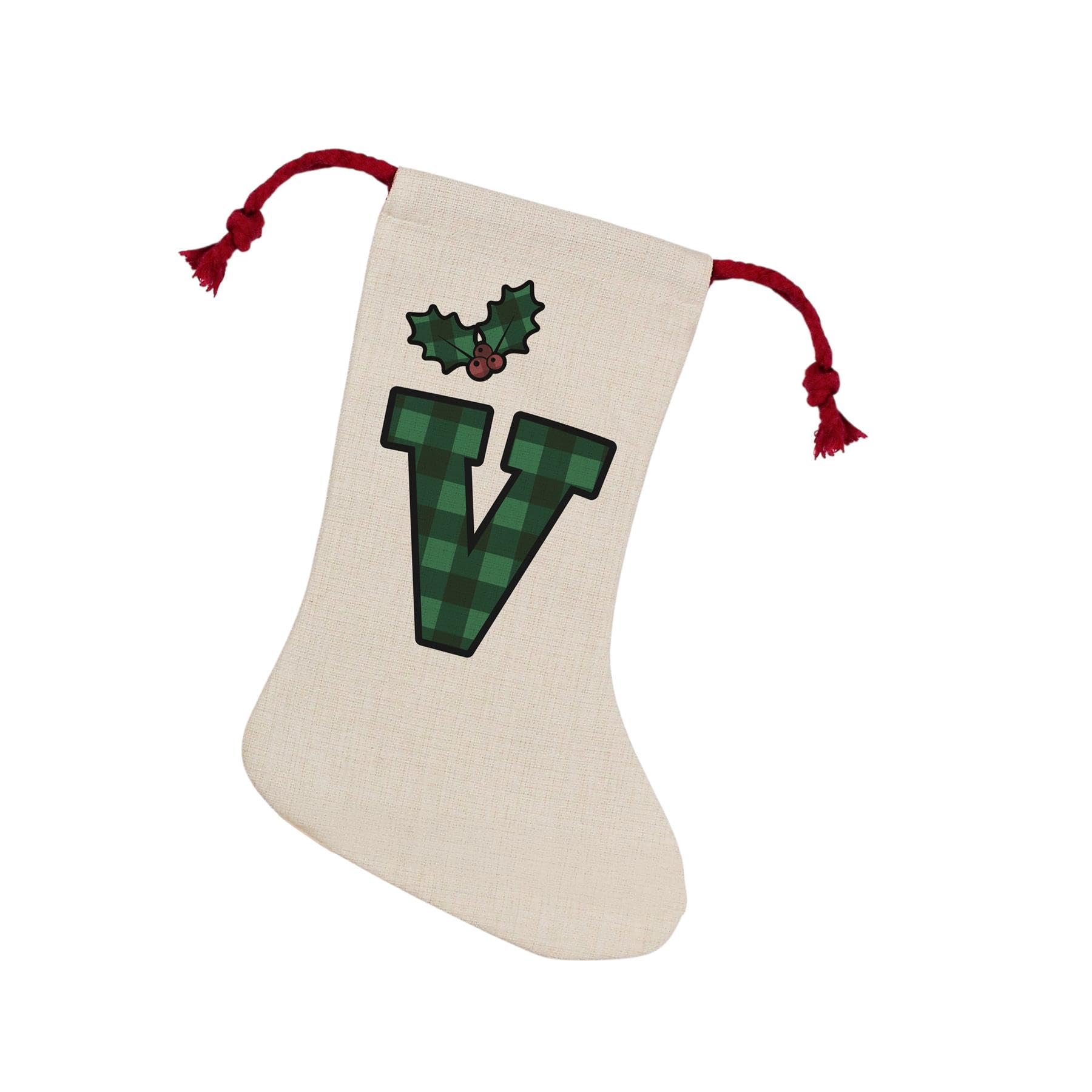 Purely Home Green Tartan Alphabet Letter V Stocking - Novelty Initial Xmas Gift Linen-Style With Red Drawstring Ties