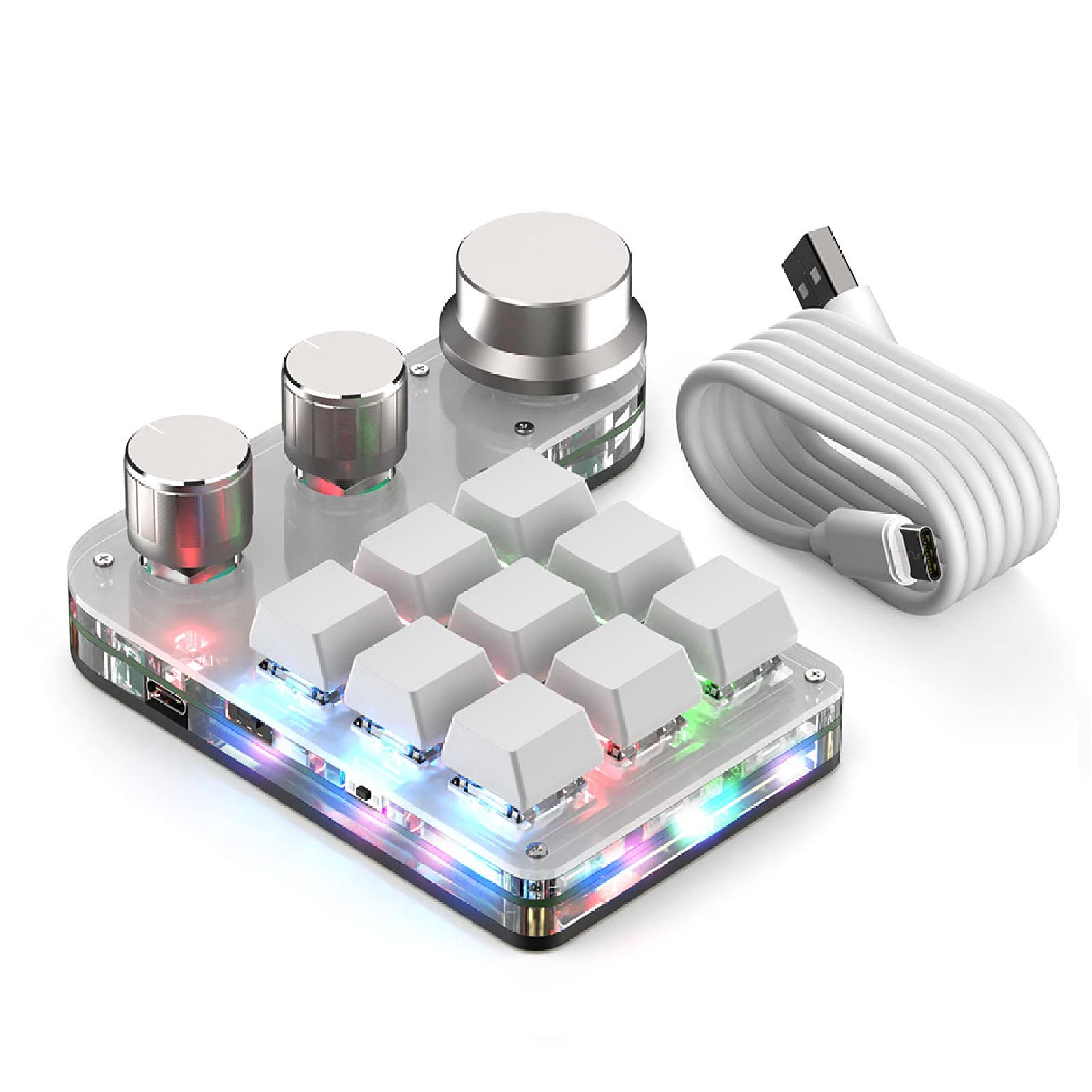 Mini Tastiera Meccanica Macro a 9 Tasti, Mini Tastiere Programmabili Retroilluminate Bluetooth RGB con 3 Manopole, Tastiera Meccanica Macro a Una Mano per Giochi per Computer (Bianco)