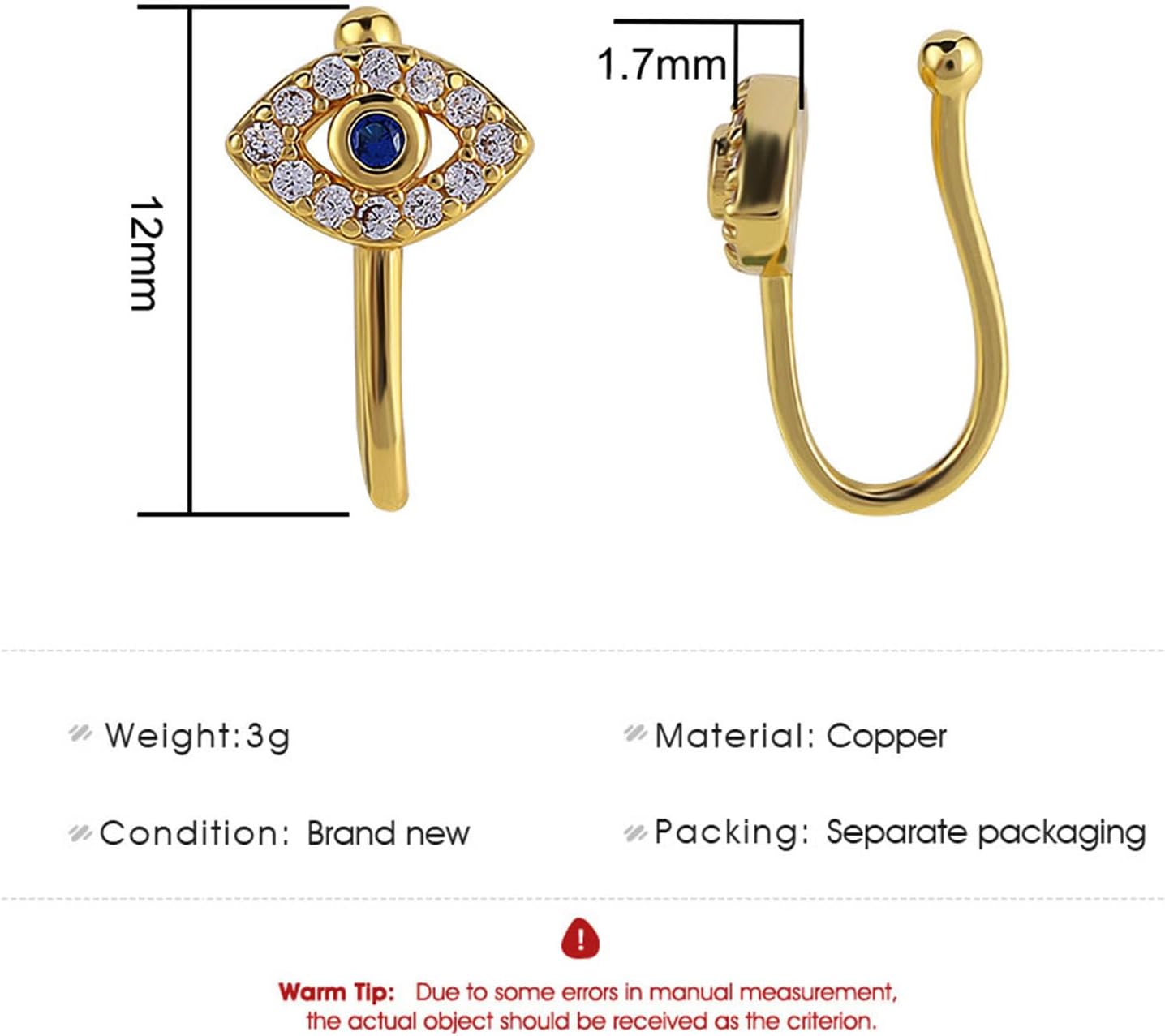 Evil Eye Fake Nose Ring Gold CZ Diamond Septum Nose Ring Cute Faux Nose Cuff Hypoallergenic Surgical Steel Nose Ring Stud Devil Eye Halloween Nose Ring Body Jewelry for Women