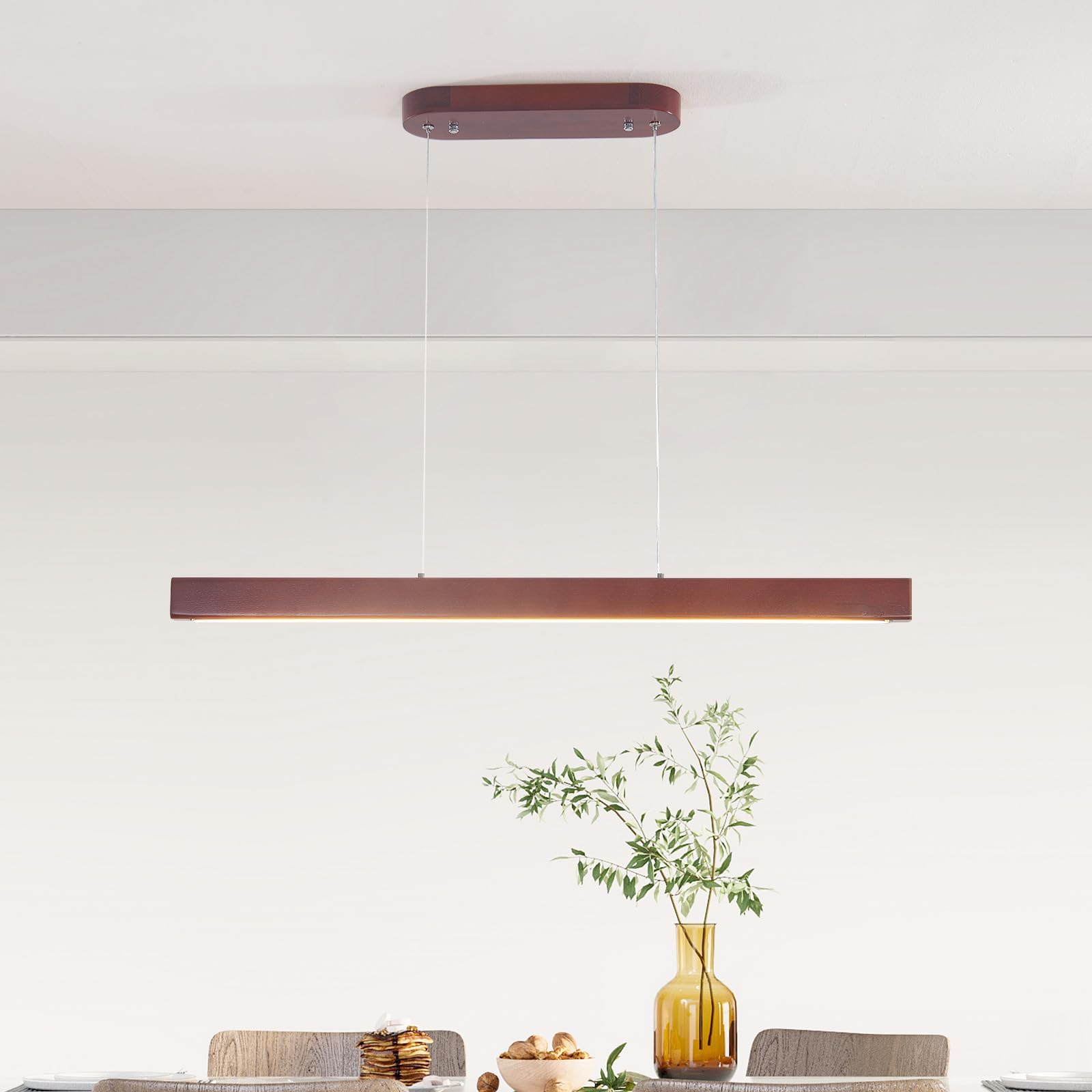 Wooden LED Pendant Light Dimmable,100Cm Walnut Wood Kitchen Island Lights with Remote Control,Height Adjustable,30W Hanging Lights Modern Dining Table Light for Living Room Bedroom Restaurant
