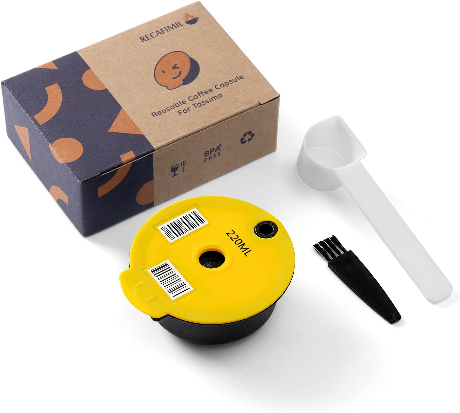 RECAFIMIL Reusable Coffee Pods 220ml Refillable Coffee Capsule with Yellow Silicone Lid Compatible with Bosch Tassimo Machine