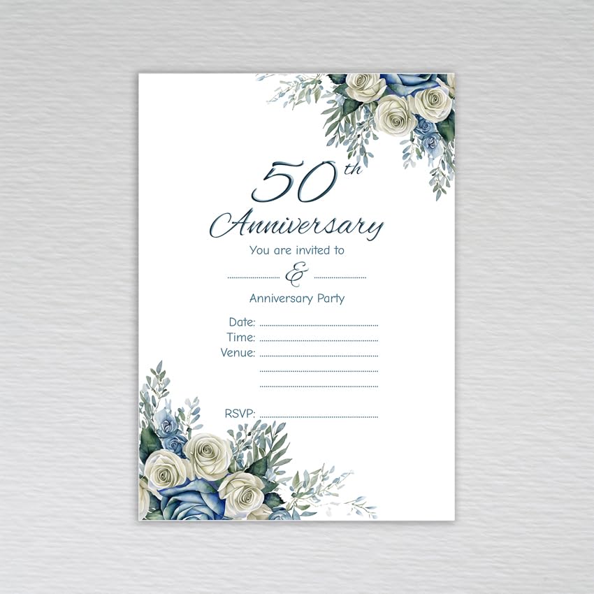 Webspectations Pack of 50th Wedding Anniversary Invitations: Dusty Blue Rose 50th Anniversary Invites (Pack of 50 without Envelopes)