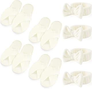 4 Bridesmaid Gifts Set – 4 Pairs Fuzzy Cross Band Slippers + 4 Spa Makeup Headbands, Perfect for Bachelorette Party & Bridesmaid Gifts