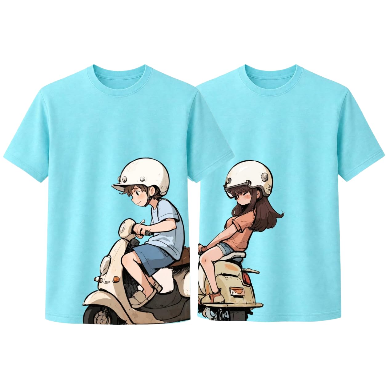 Couple Riding Scooty Graphic Printed Oversized T-Shirt for Men & Women | Cute Love Cartoon Scooter Design Tee | Matching Couple Outfit-picture-35