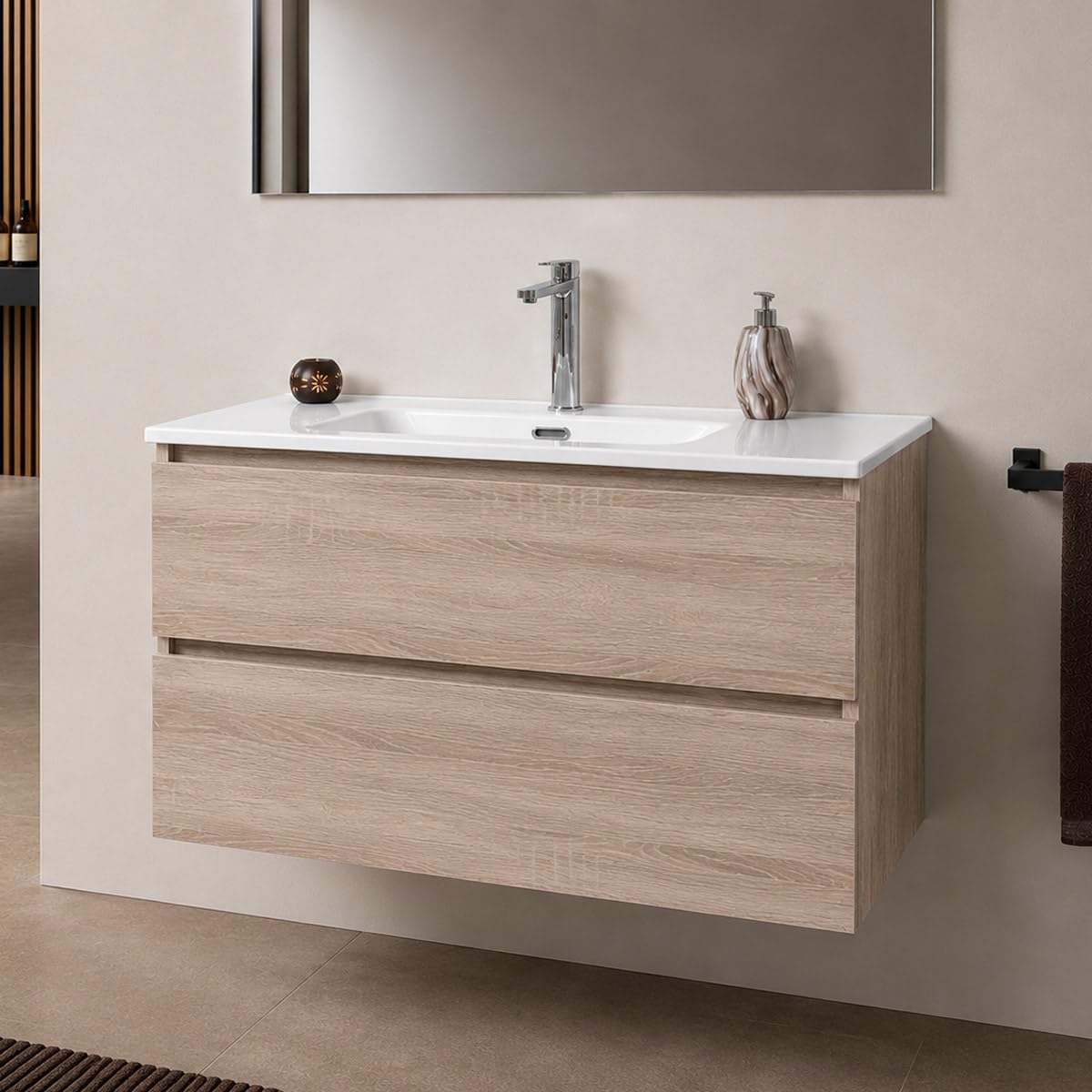 Yellowshop | Mobile Bagno Sospeso CLOE - Composizione Completa con Lavabo Ceramica, Chiusura Soft Close, Finitura Rovere (100 cm, Mobile con Lavabo)