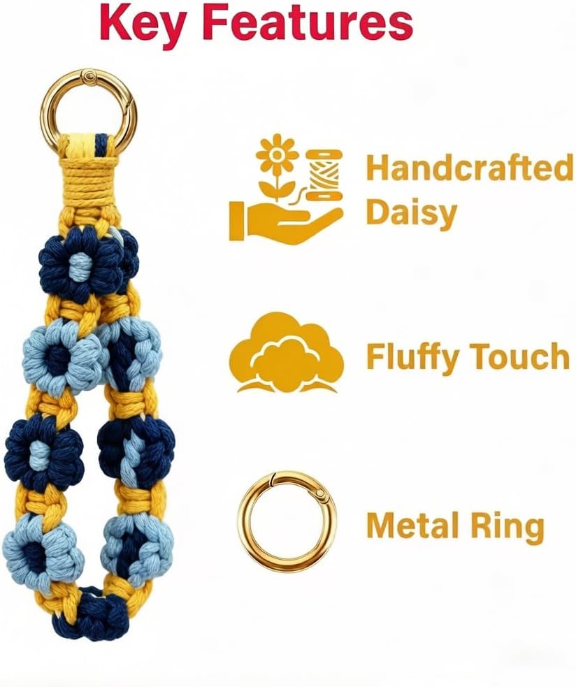 Woven Flower Keychain with Phone Tether Tab, Floral Key Ring image 2