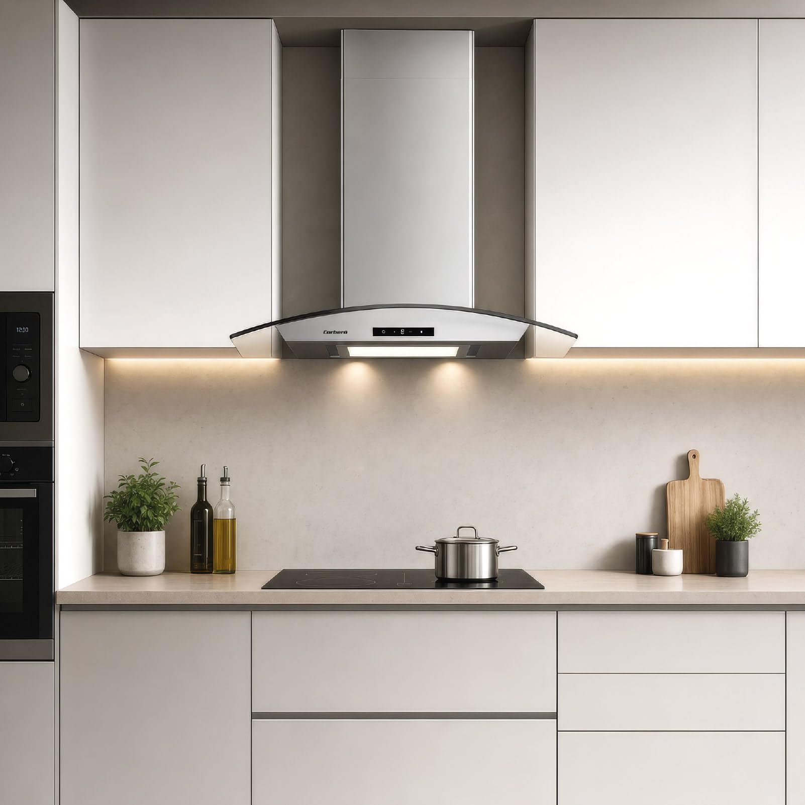 Corbero - Campana Extractora Horizontal 90cm | FUJI975XGLASS | 720.2 m3/h| 67db| 235W | 4 Velocidades | Control Touch| Panel LED| Filtro Aluminio + Filtro Carbón | Acero Inoxidable-Cristal