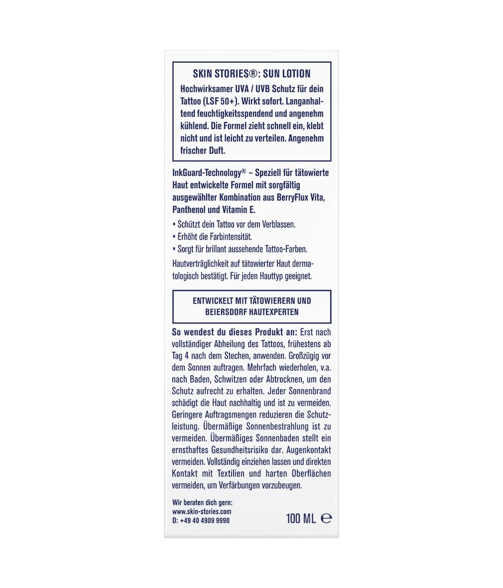 SKIN STORIES Sun Lotion LSF 50+ (100 ml), Tattoo-Farbschutz Sonnencreme mit InkGuard-Technology®, sehr hoher Tattoo Sonnenschutz mit Panthenol und Vitamin E gegen das Verblassen von Tattoo-Farben