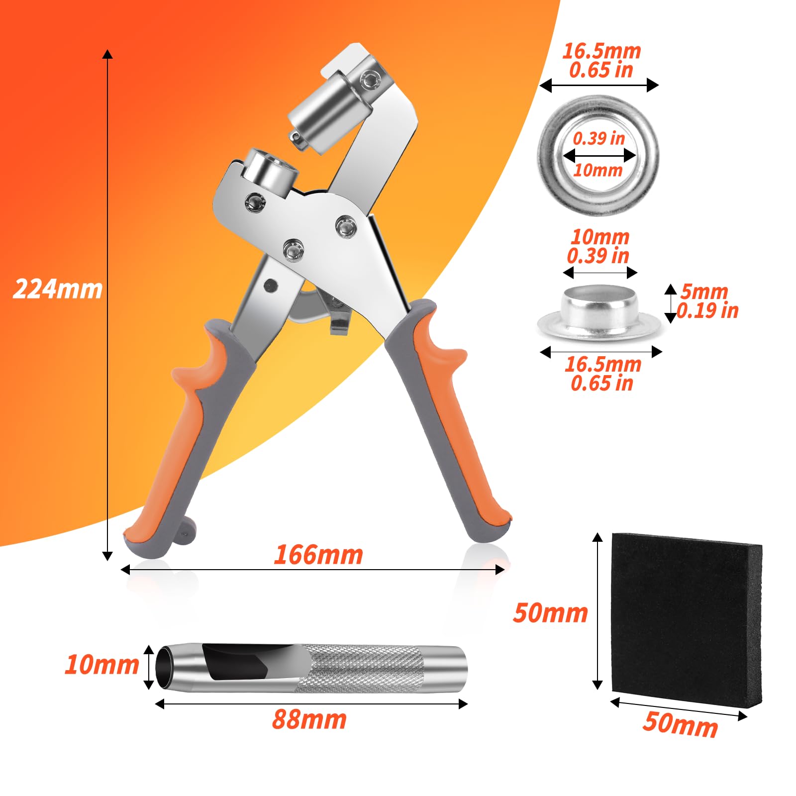 Remachadora Maquina Ojales con 300 Ojetes Ø 10mm Prensa Para Lonas Tela Cortinas Toldo Cuero PVC - Mano Ojales Metálicos Alicates de Ojal de Bloqueo Naranja