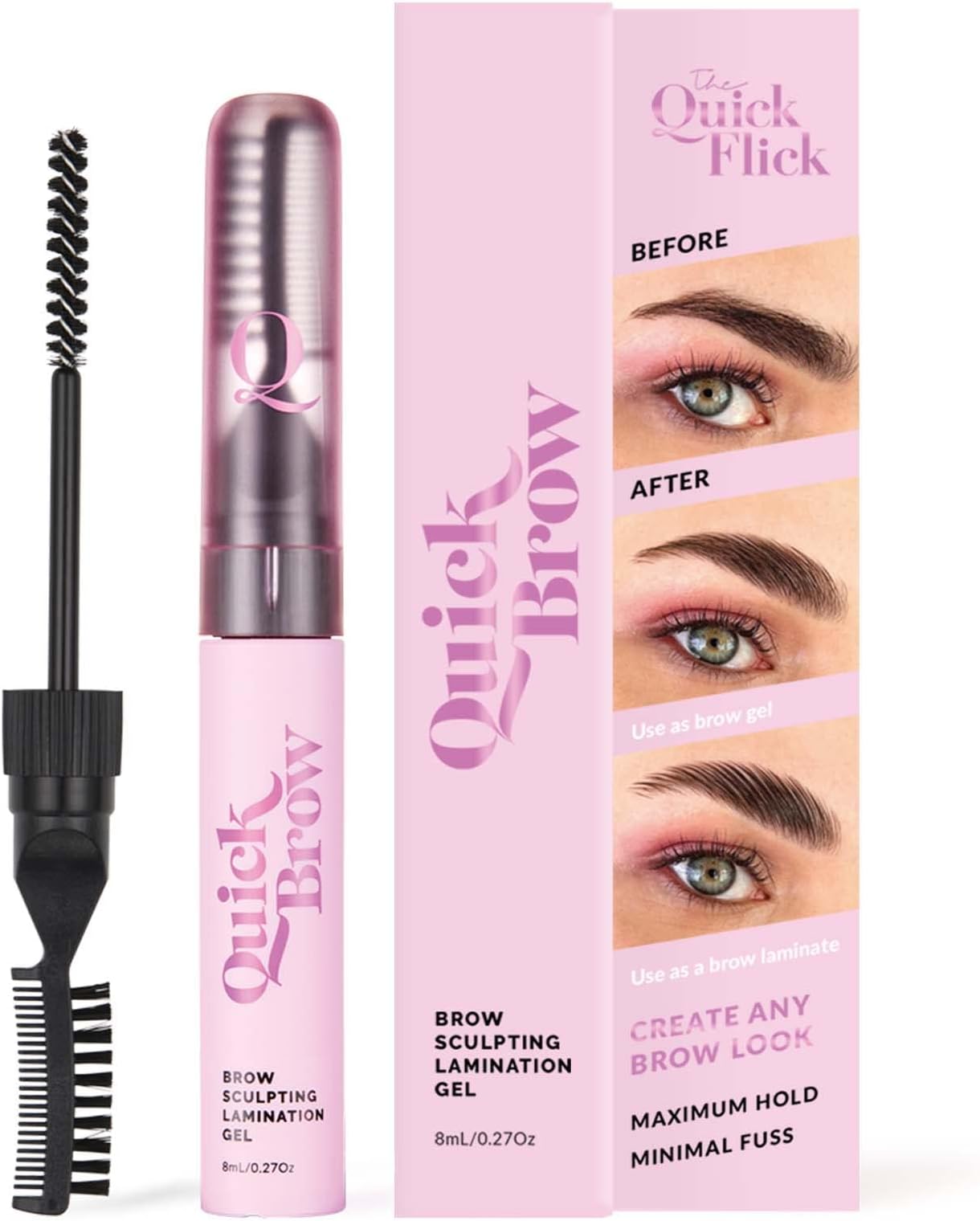 Quick Brow 2-in-1 Brow Lamination and Sculpting Gel, Unique Eyebrow Gel and Brow Wax Hybrid Formula, All-Day Hold Brow Gel and Laminate Eyebrow Makeup with Double-Sided Comb, 8 ml