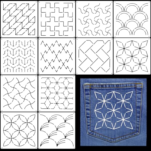 12Pcs Sashiko Stencils Sashiko Embroidery PET Template, Drawing Line Embroidery Pattern for Hand Quilting and Embroideryy, Plastic Sashikos Stencil Kit for Hand Quilting and Embroideryy 5.5 × 5.5''