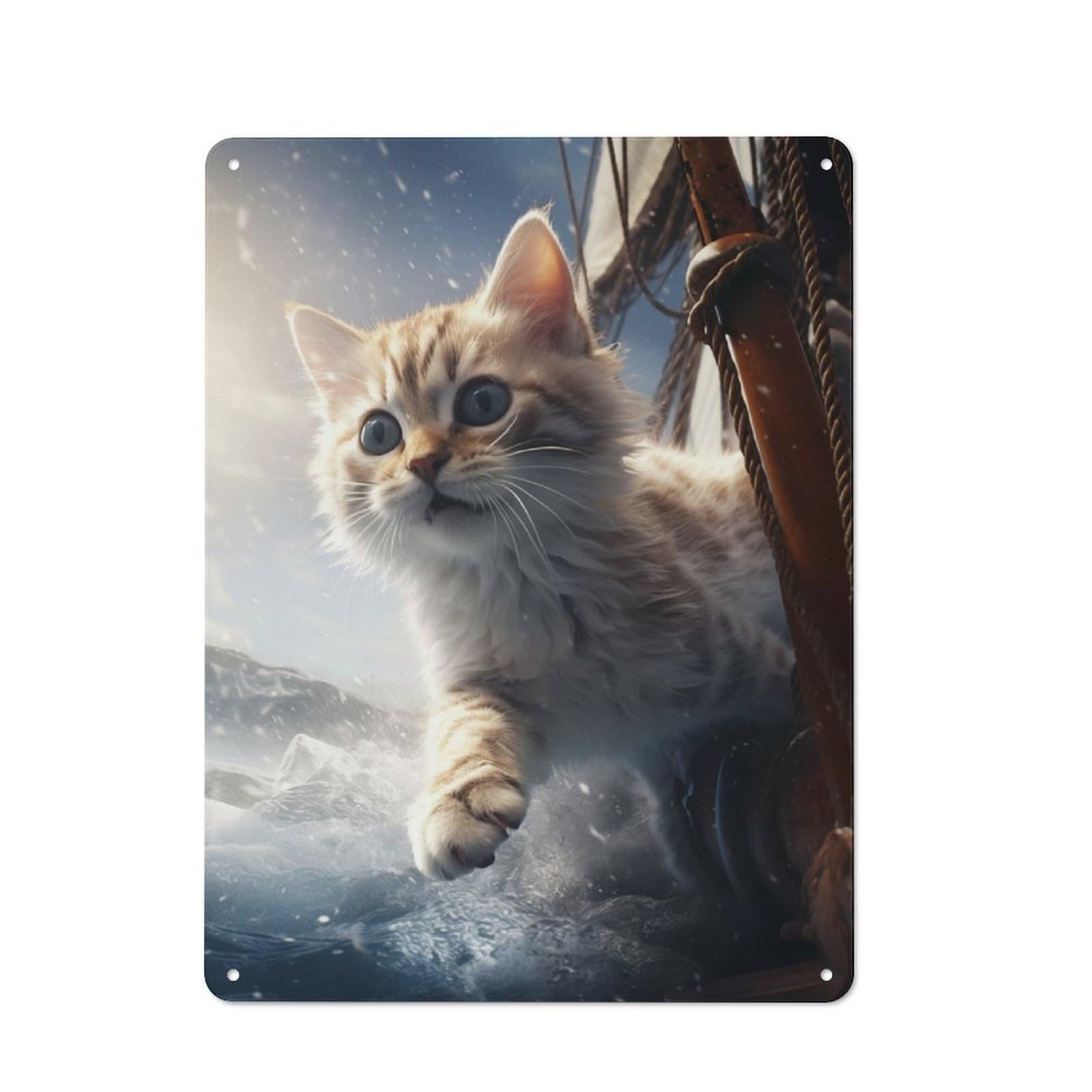 Junmoney Cute Kitten Boat Trip Sea Tin Wall Plaque 40X30cm With For Dining Room Or Kitchen, A Metal Wall Feature For Kitchens And Dining Spaces