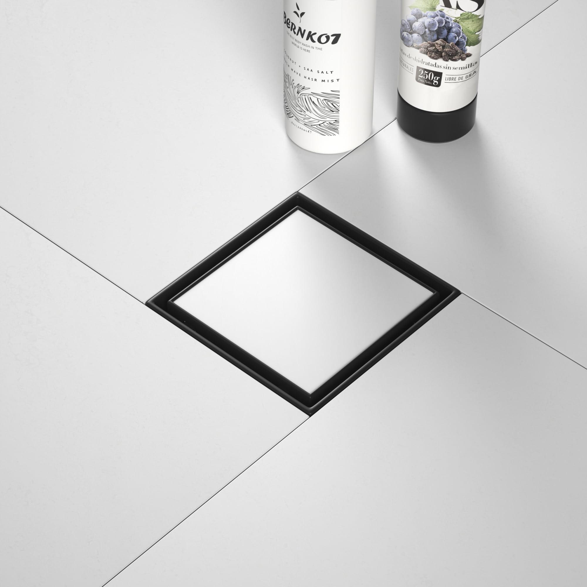 Bernkot Square Shower Drain 4", Matte Black Floor Drain with Tiled Insert Grate & Hair Strainer, 304 Stainless Steel Bathroom 2-in-1 Tiled in Drain,