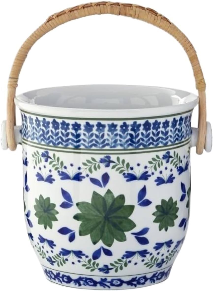 Ceramic Ice Bucket with Comfortable Carry Handle Large for Parties Home(Blue)