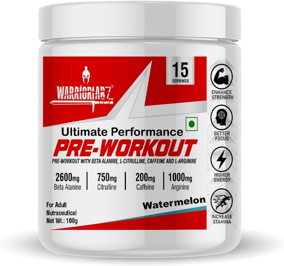 Warriorz Ultimate Performance Pre-Workout Powder for Men & Women | Pre Gym Workout Supplement with 2600mg Beta Alanine, 750mg L-Citrulline, 1000mg L-Arginine & 200mg Caffeine | Energy, Strength, Focus & Stamina Support | 15 Servings [Watermelon, 100g]