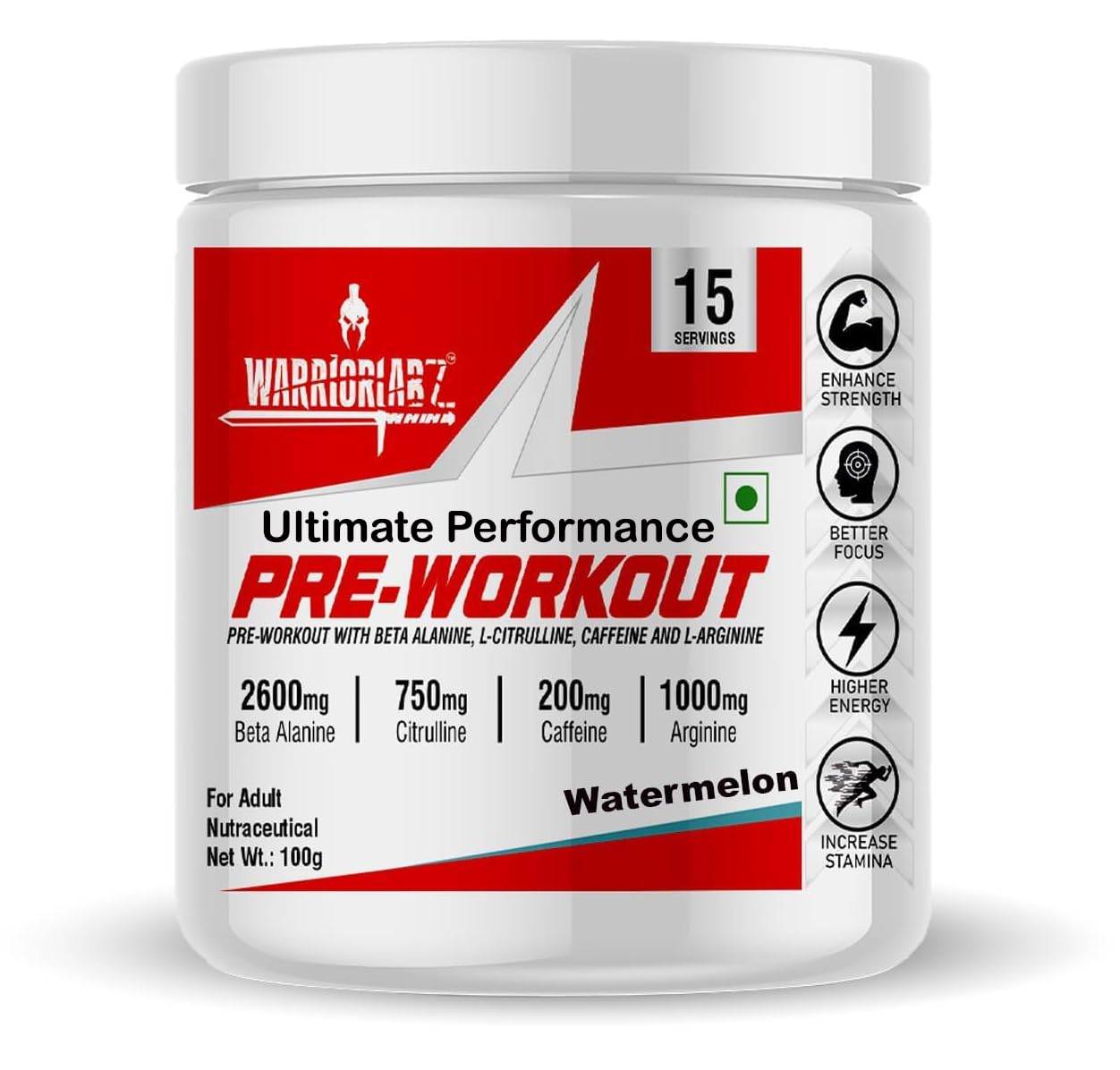 Warriorz Ultimate Performance Pre-Workout Powder for Men & Women | Pre Gym Workout Supplement with 2600mg Beta Alanine, 750mg L-Citrulline, 1000mg L-Arginine & 200mg Caffeine | Energy, Strength, Focus & Stamina Support | 15 Servings [Watermelon, 100g]