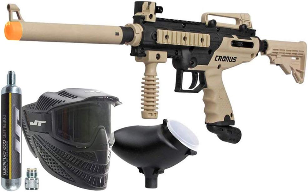Tippmann Cronus Combat Powerpack .68Cal Paintball Kit Includes Raptor Goggle, 90G Co2 Tank, 200Rd Loader, Tan