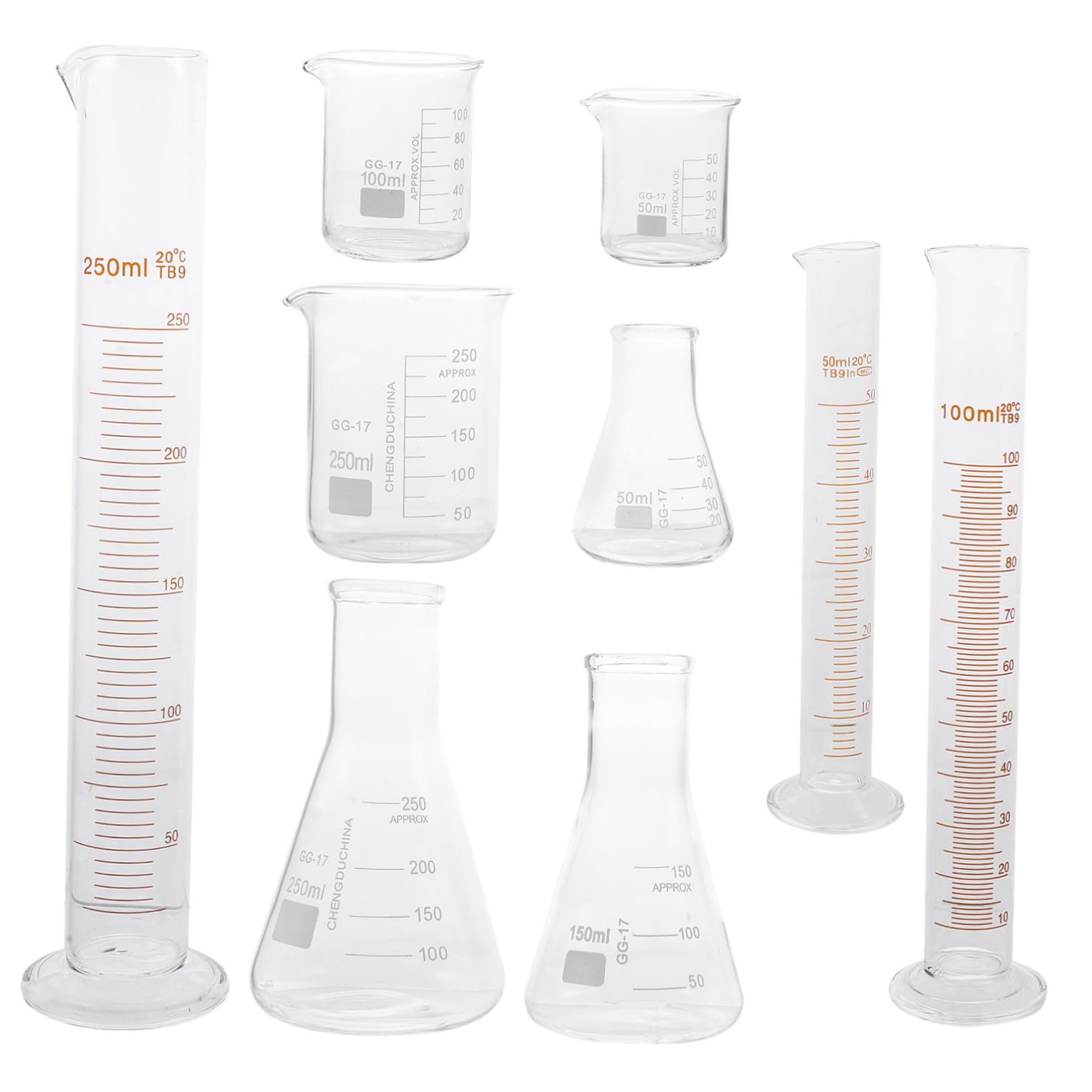 Set di Vetro per Laboratorio Scientifico 9 Pezzi Bicchieri Misuratori in Vetro Trasparente Resistente per Esperimenti Chimici e Rilevazioni Precise