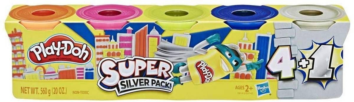 Play-Doh Super Silver Pack of 5 Non-Toxic Colors Including 1 Super Silver Can, 4-Ounce Cans, Nylon/a