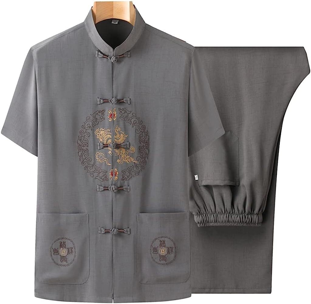 Tai Chi Kleidung. Sommer-Tai-Chi-Uniform, Tang-Anzug, chinesische traditionelle Kleidung for Herren, besticktes Kurzarm-Hemd und Hose, Baumwoll-Leinen-Kung-Fu-Kleidung, Kampfsport-Anzug