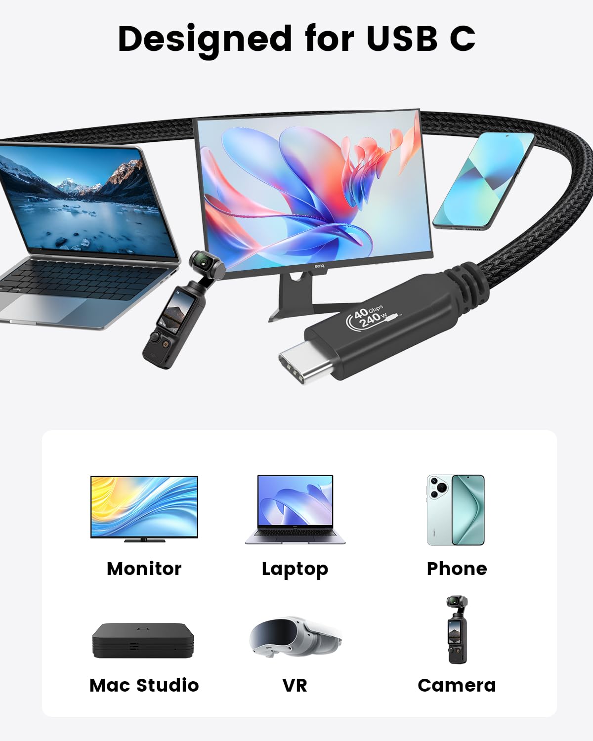 GeoHN.G Kabel USB 4 2 m, USB C do Thunderbolt 4 z PD 240 W, 8K 60 Hz 40 Gbps Link Cord do MacBook, Hub, SSD, iPhone 17/16, stacji dokującej, eGPU, monitora i wielu innych