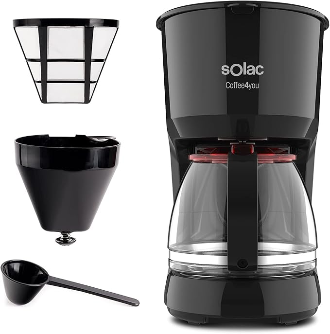 Solac CF4036 Coffee4You - Cafetera de goteo, 1.25l, hasta 12 tazas, jarra cristal, antigoteo automático, placa calefactora mantén café caliente, fácil uso, filtro permanente-lavable, negra, roja