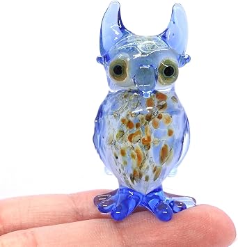 Owl Tiny Hand Blown Color Glass Art Figurines Animals Collectible Gift Home Decor Marble Blue