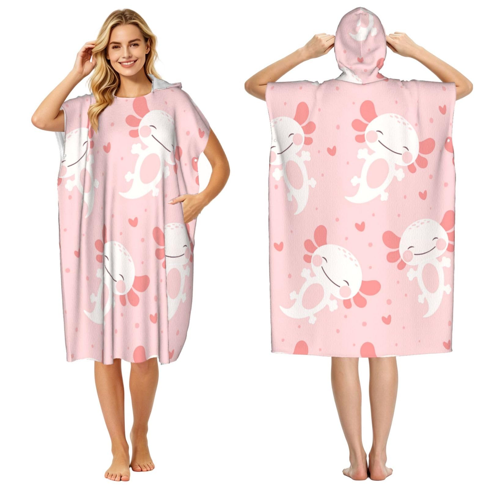 Poadnly Axolotl Fish Pattern, Adult Hooded Beach Towel 90 x 110 cm,Changing Bath Robe, Surf Poncho Towel For Women Men