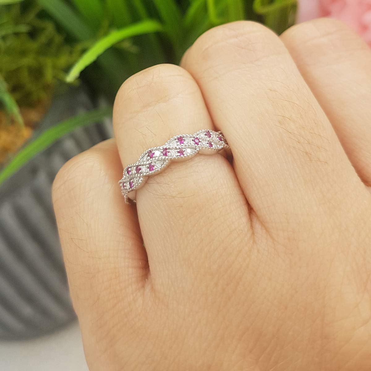 Dazzlingrock Collection 18K Round Ruby & White Diamond Womens Anniversary Wedding Stackable Band Swirl Ring, Solid White Gold