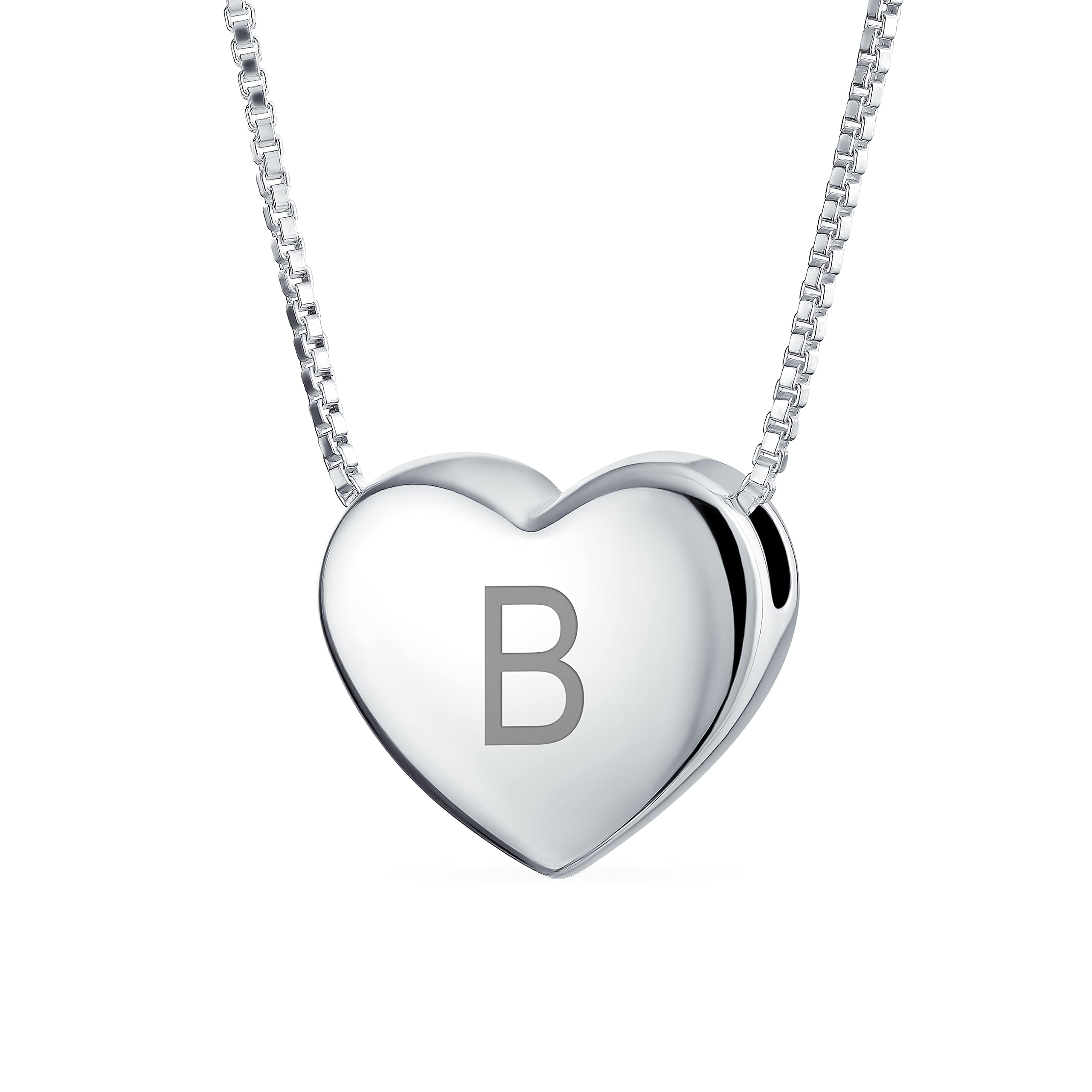 Bling JewelryPersonalized Plain Simple Engravable Alphabet A-AZ Initial Monogram Heart Pendant Necklace Slide Pendant For Women For Girlfriend Polished .925 Sterling Silver Customizable